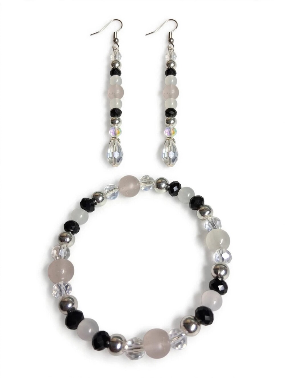 Elegant Black & White Beaded Drop Earrings - Dangle Crystal Accents
